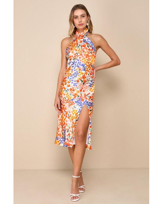 Lulus Orange Bold Presence Multi Floral Satin Halter Midi Dress