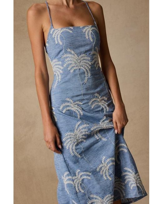 Lulus Blue Destin Embroidered Lace-Up Midi Dress