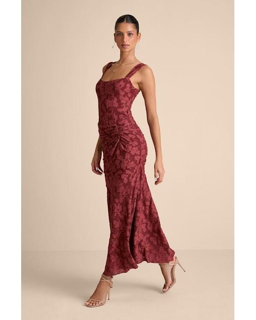 Lulus Red Celeste Floral Burnout Bustier Maxi Dress
