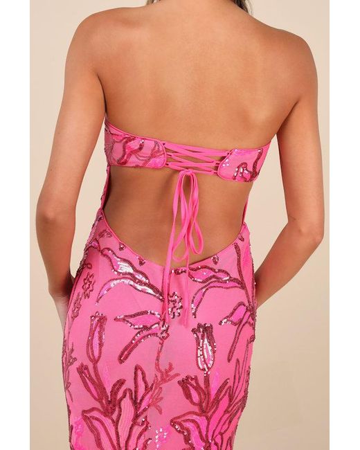 Lulus Pink Shimmering Icon Sequin Lace-Up Strapless Maxi Dress