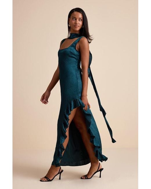Lulus Blue Adelise Satin Ruffled Sash Scarf Maxi Dress