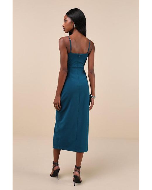 Lulus Blue Always Turning Heads Dark Bustier Tulip Midi Dress