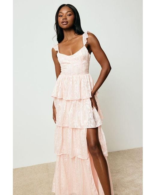 Lulus Pink Stunning Glory Floral Jacquard Tiered Maxi Dress
