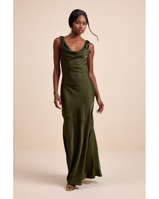 Lulus Natural Aernah Satin Cowl Tie-Back Slip Maxi Dress