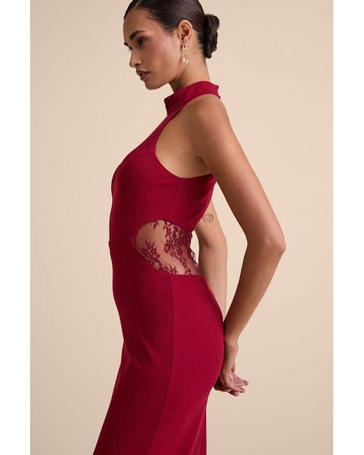 Lulus Red Vira Mock Neck Lace Cutout Maxi Dress