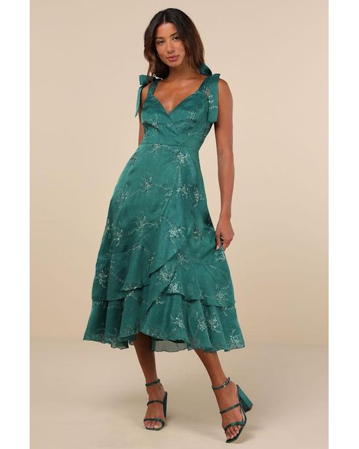 Lulus Green Elegant Direction Embroidered Ruffled Tie-Strap Midi Dress
