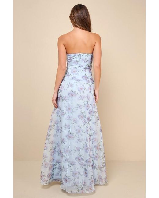 Lulus Blue Chic Preciousness Floral Organza Bustier Maxi Dress