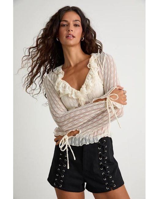 Lulus White Lindley Cream Sheer Lace Ruffled Long Sleeve Top