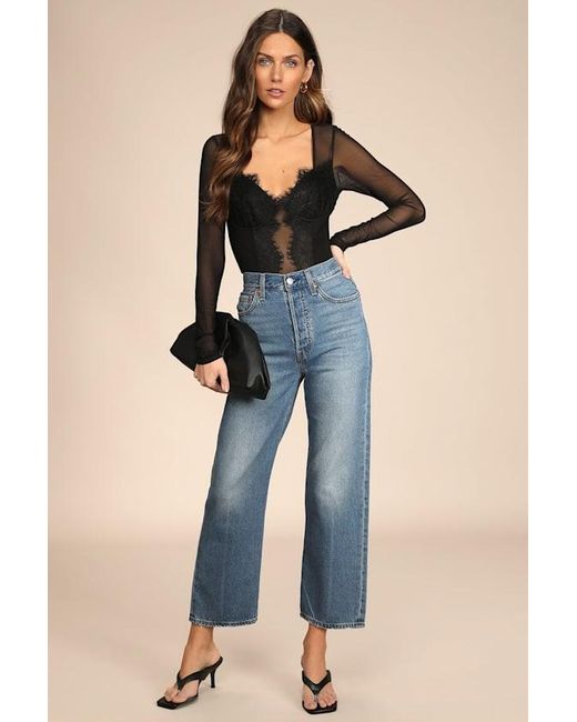 Lulus Blue Stay Sultry Mesh Lace Long Sleeve Bodysuit