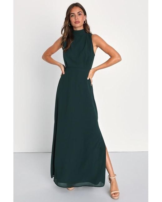 Lulus Blue Classic Elegance Emerald Chiffon Sleeveless Mock Neck Maxi Dress