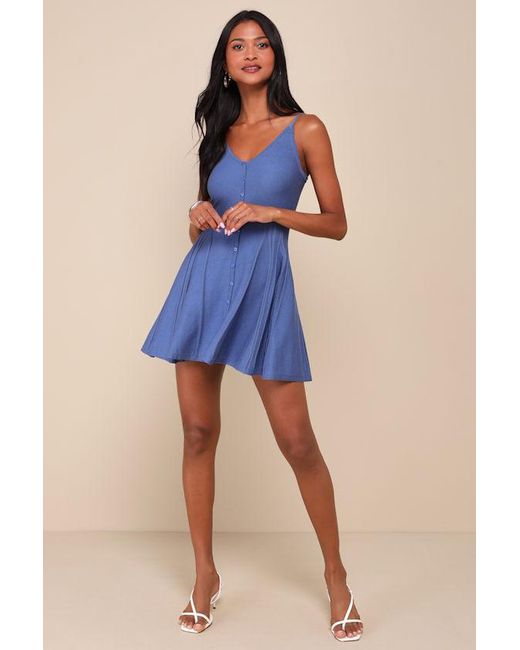 Lulus Blue Flattering Disposition Button-Front Ribbed Mini Dress
