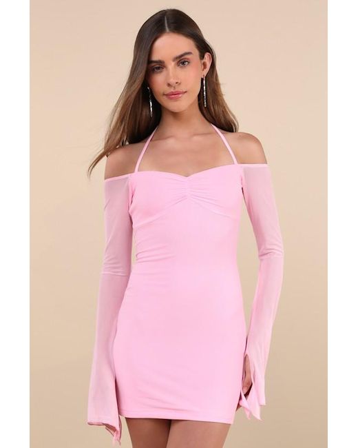 Lulus Pink Flirty Silhouette Light Mesh Long Sleeve Halter Mini Dress