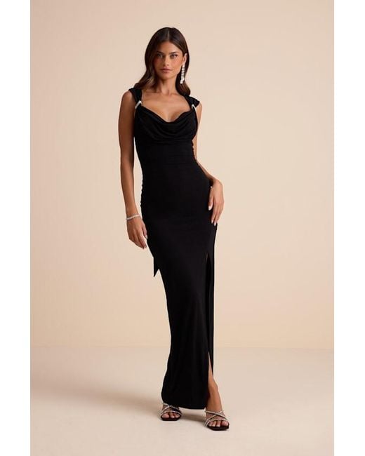 Lulus Black Vega Jersey Knit Rhinestone Cowl Neck Maxi Dress