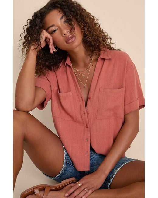Lulus Brown Summer Escapades Linen Collared Button-Up Top