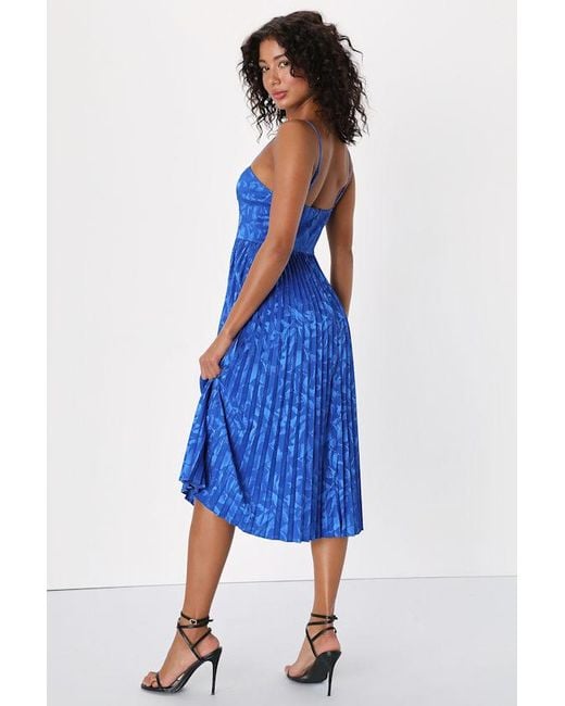 Lulus Blue Chic Sensibility Satin Jacquard Pleated Midi Dress