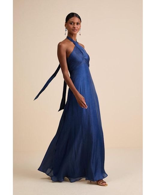 Lulus Blue Canley Satin Cross-Front Halter Maxi Dress