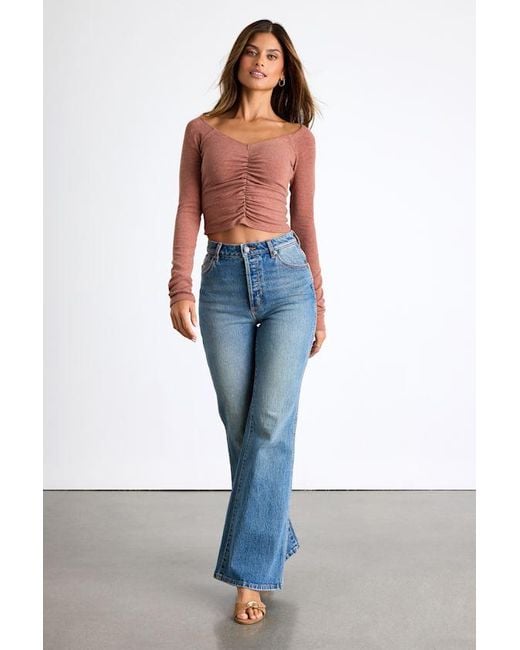 Lulus Blue Elidah Heathered Knit Ruched Long Sleeve Crop Top