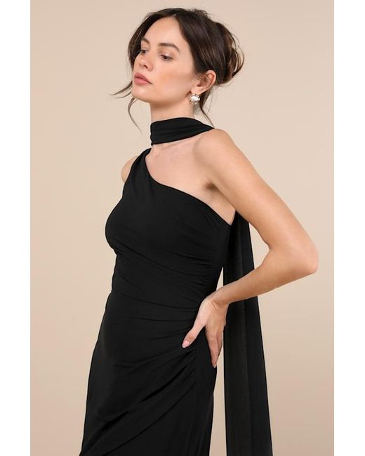 Lulus Black Adeline One-Shoulder Scarf Maxi Dress
