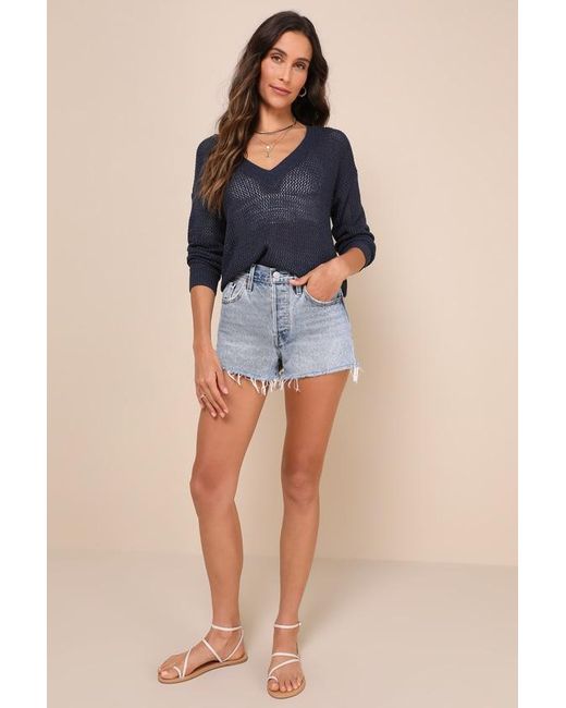 Lulus Blue Idyllic Breeze Loose Knit V-Neck Sweater Top