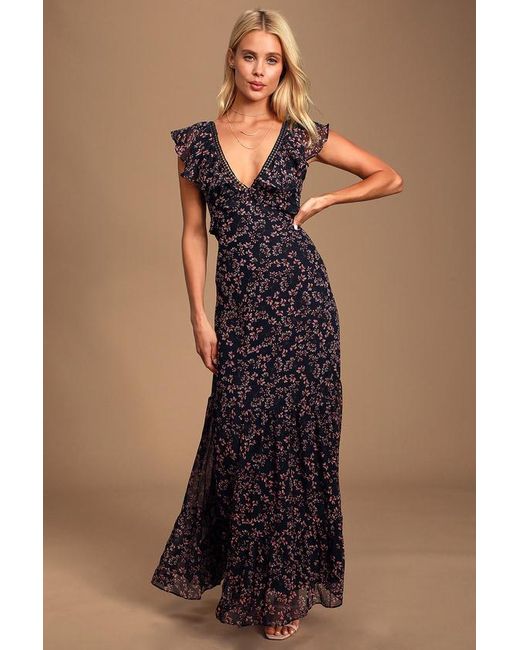 Lulus Blue Darling Daydream Floral Print Ruffled Maxi Dress