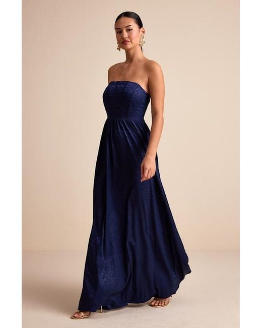 Lulus Blue Venita Floral Jacquard Satin Bustier Maxi Dress