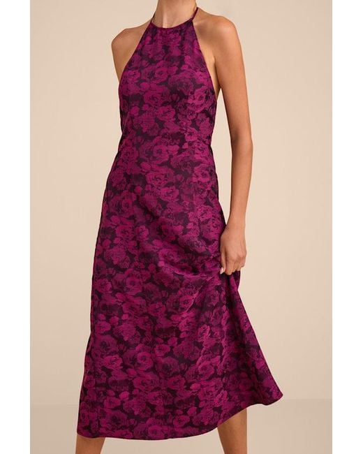 Lulus Pink Caida Plum Floral Satin Halter Midi Dress