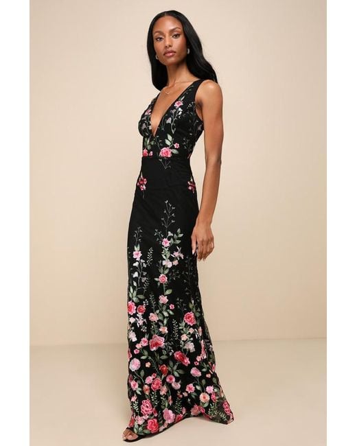 Lulus Black Soiree Blossom Floral Embroidered Mermaid Maxi Dress