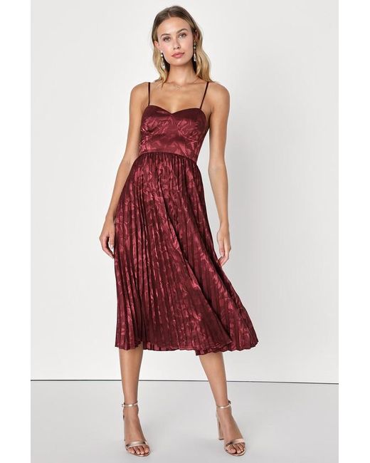 Lulus Red Chic Sensibility Satin Jacquard Pleated Midi Dress