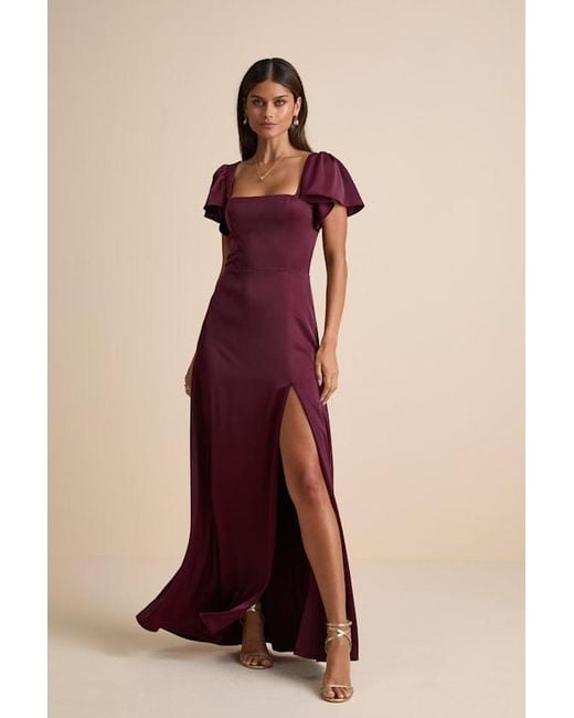 Lulus Purple Ultimate Sweetness Plum Satin Flutter Sleeve Maxi Dress