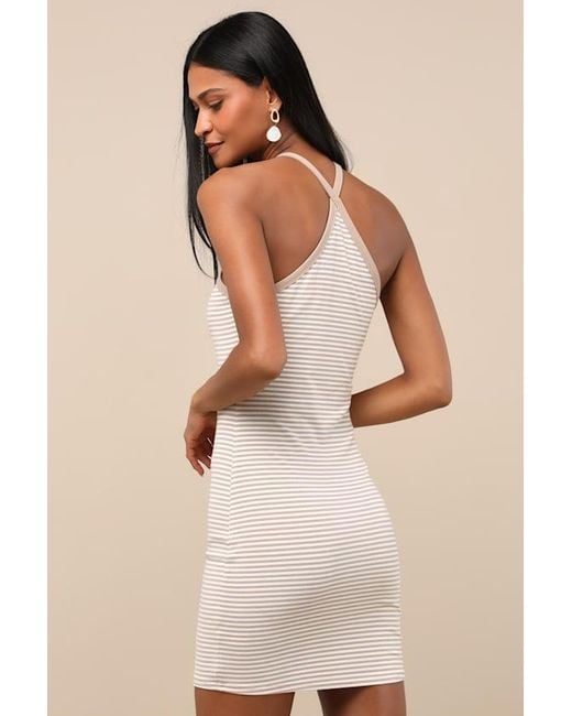 Lulus Natural Maveline Striped Ribbed Knit Halter Mini Dress