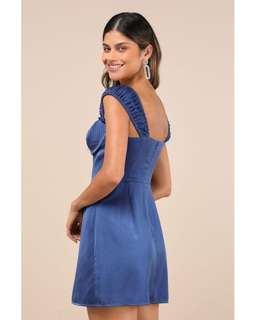 Lulus Blue Perfected Aesthetic Satin Ruffled Bustier Mini Dress