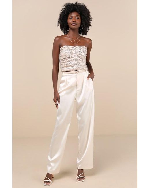 Lulus Natural My Favorite Sparkle Sequin Ruched Strapless Crop Top
