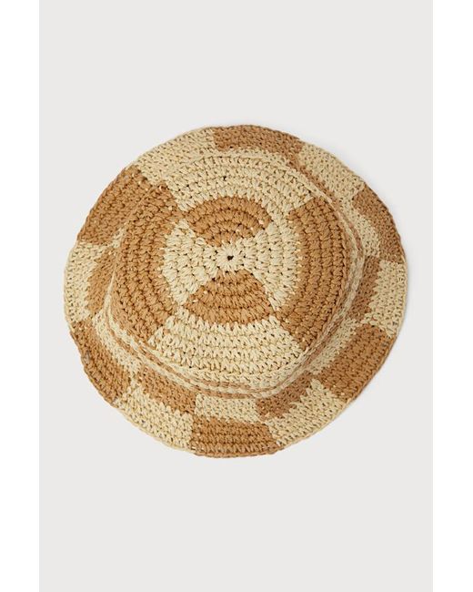 Lulus Blue Sunshine Check And Checkered Straw Bucket Hat