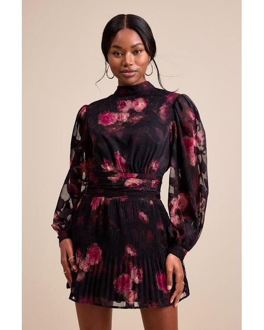 Lulus Red Ayveen Floral Burnout Balloon Sleeve Mini Dress