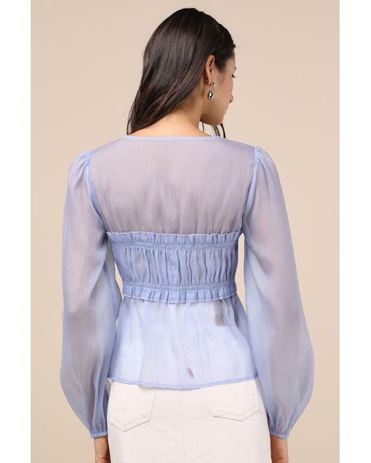 Lulus Blue Kyler Sheer Tie-Front Long Sleeve Top