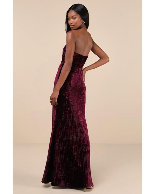 Lulus Purple Classy Sensation Plum Velvet Pleated Strapless Maxi Dress