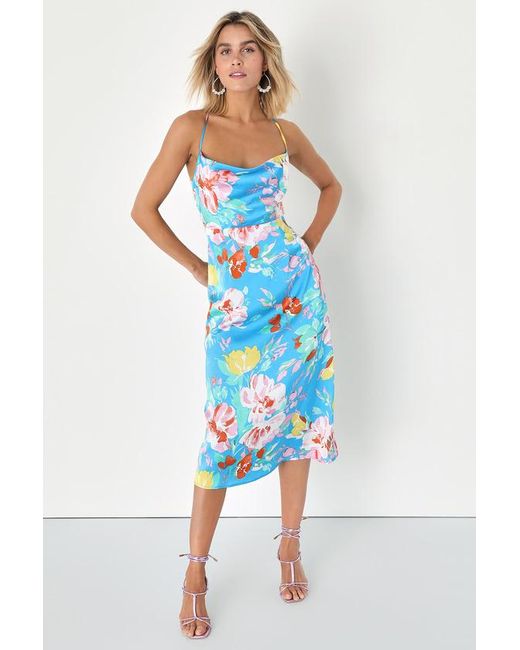 Lulus Blue Flowering Forever Floral Cowl Neck Backless Midi Dress