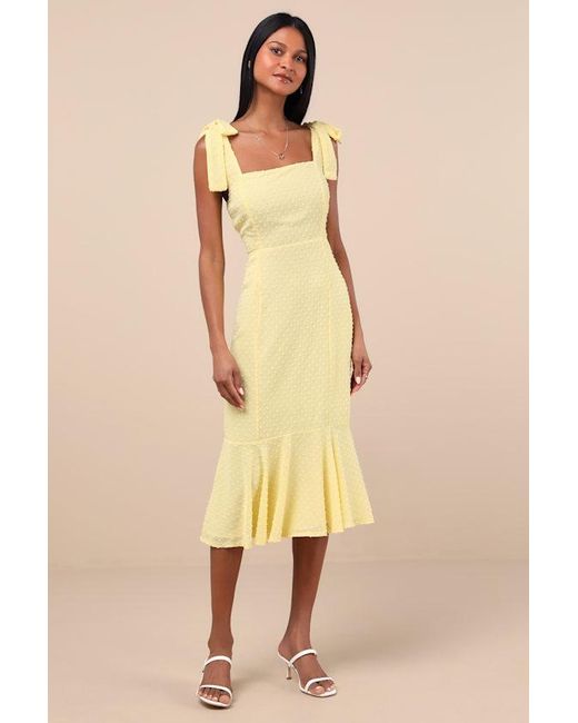 Lulus Yellow Bimini Swiss Dot Tie-Strap Midi Dress