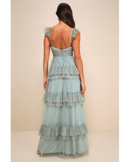 Lulus Green Pure Radiance Sage Brush Mesh Swiss Dot Tiered Maxi Dress