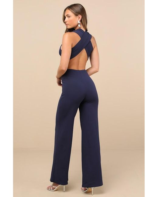 Lulus Blue Thinking Out Loud Backless Jumpsuit