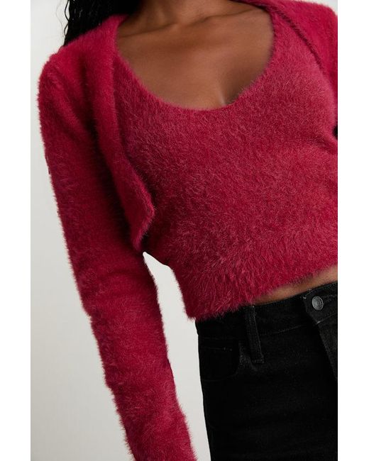 Lulus Red Mekea Eyelash Knit Tank Top And Cropped Cardigan Set