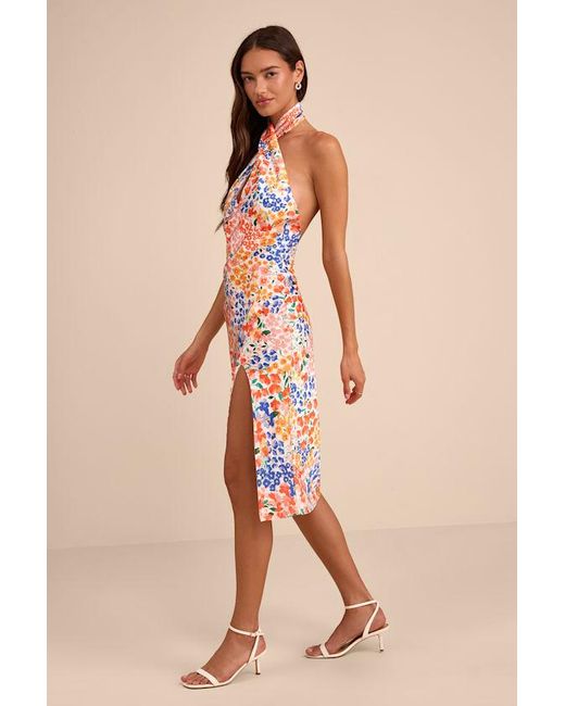 Lulus Orange Bold Presence Multi Floral Satin Halter Midi Dress