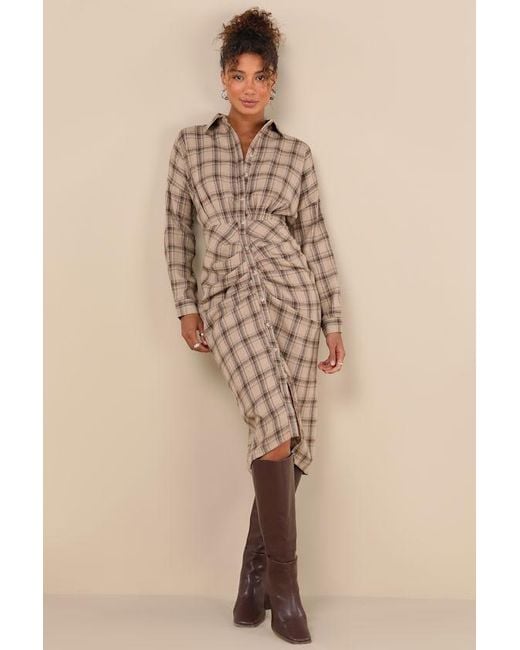 Lulus Natural Seasonal Spirit Plaid Ruched Long Sleeve Midi Dress