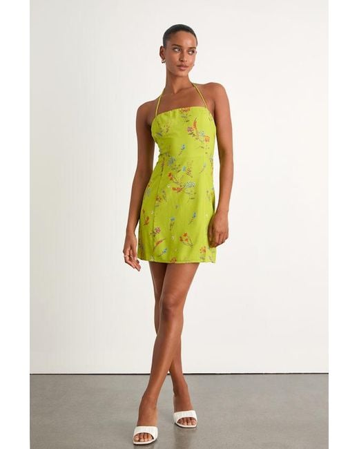 Lulus Yellow Catch The Bouquet Lime Floral Halter Lace-Up Mini Dress