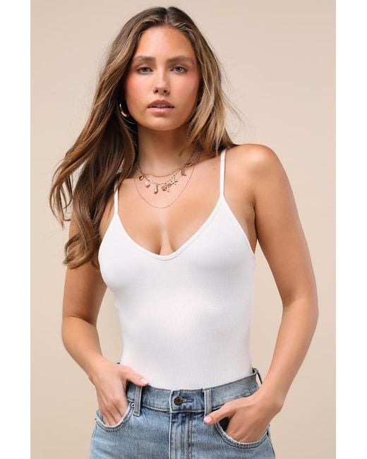 Lulus Basics White Talula Ribbed V-Neck Cami Bodysuit