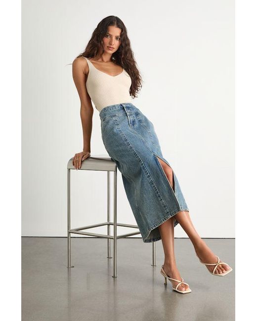 Lulus Blue Aisling Light Wash High-Rise Denim Midi Skirt