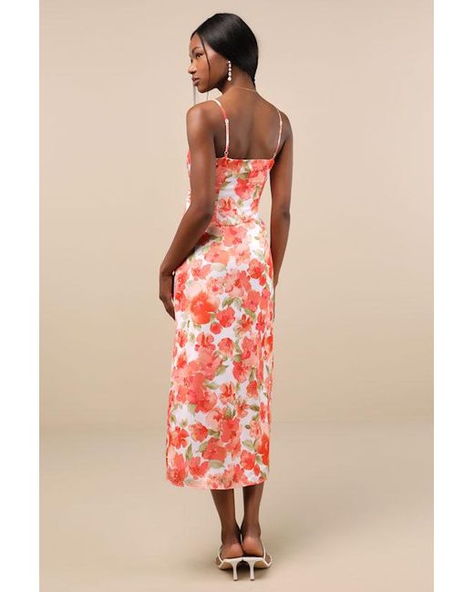 Lulus Red Mattie Floral Satin Lace Midi Slip Dress