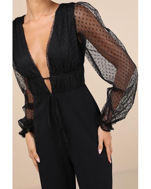 Lulus Black Sweet Twist Swiss Dot Tulle Long Sleeve Jumpsuit