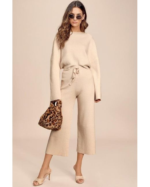 Lulus Natural Snuggly Style Cream Ribbed Knit Wide-Leg Pants