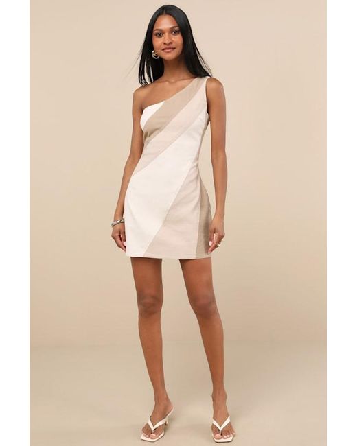 Lulus Natural Tara Color Block One-Shoulder Mini Dress